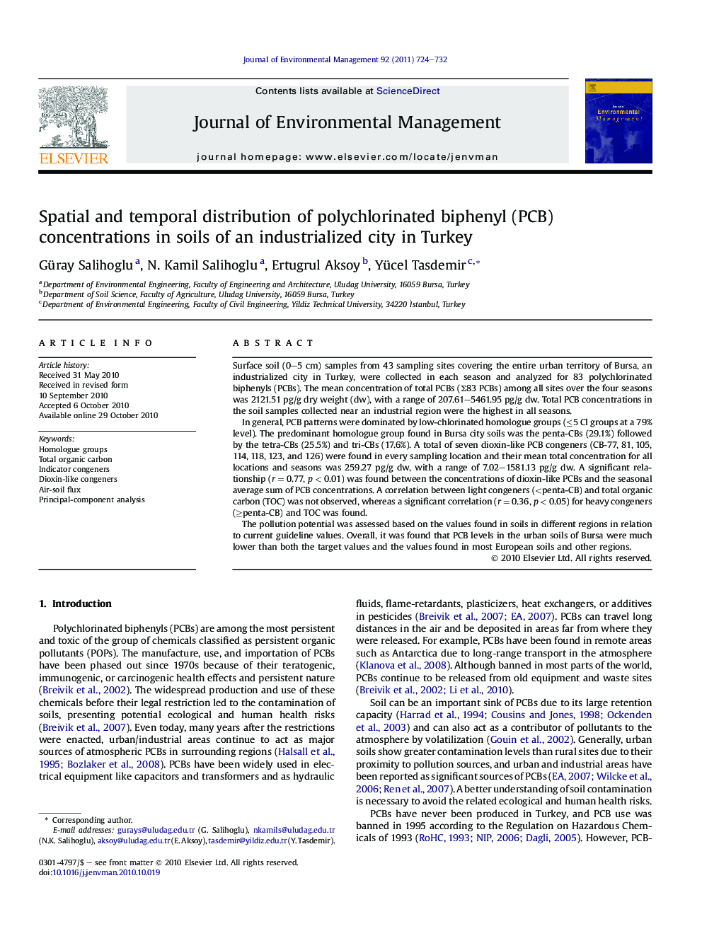 Spatial and temporal distribution of polychlorinated biphenyl (PCB) concentrations in soils of an industrialized city in Turkey