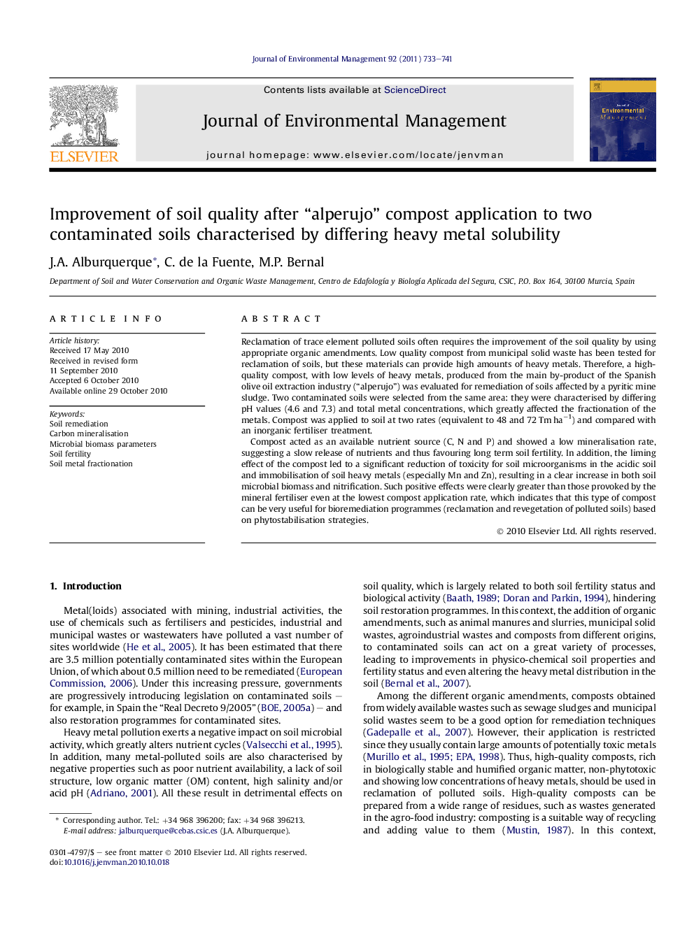 Improvement of soil quality after “alperujo” compost application to two contaminated soils characterised by differing heavy metal solubility