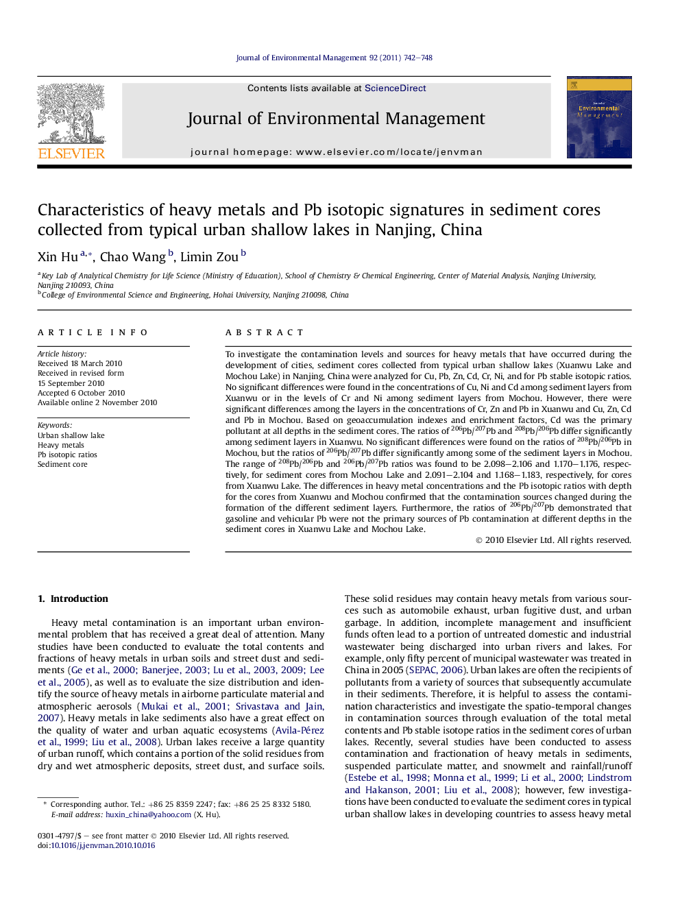 Characteristics of heavy metals and Pb isotopic signatures in sediment cores collected from typical urban shallow lakes in Nanjing, China