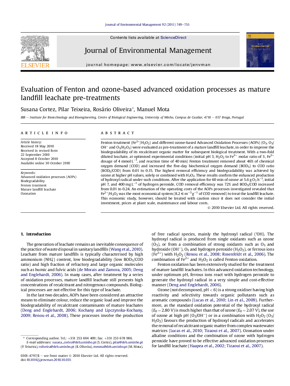 Evaluation of Fenton and ozone-based advanced oxidation processes as mature landfill leachate pre-treatments