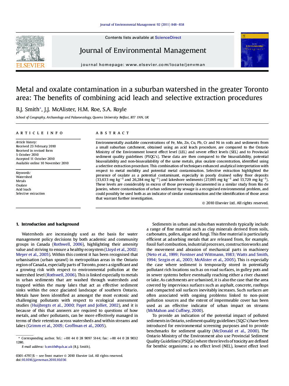 Metal and oxalate contamination in a suburban watershed in the greater Toronto area: The benefits of combining acid leach and selective extraction procedures