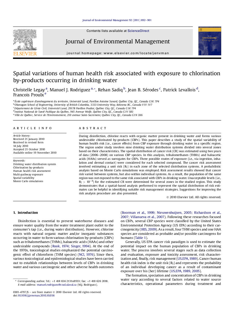 Spatial variations of human health risk associated with exposure to chlorination by-products occurring in drinking water