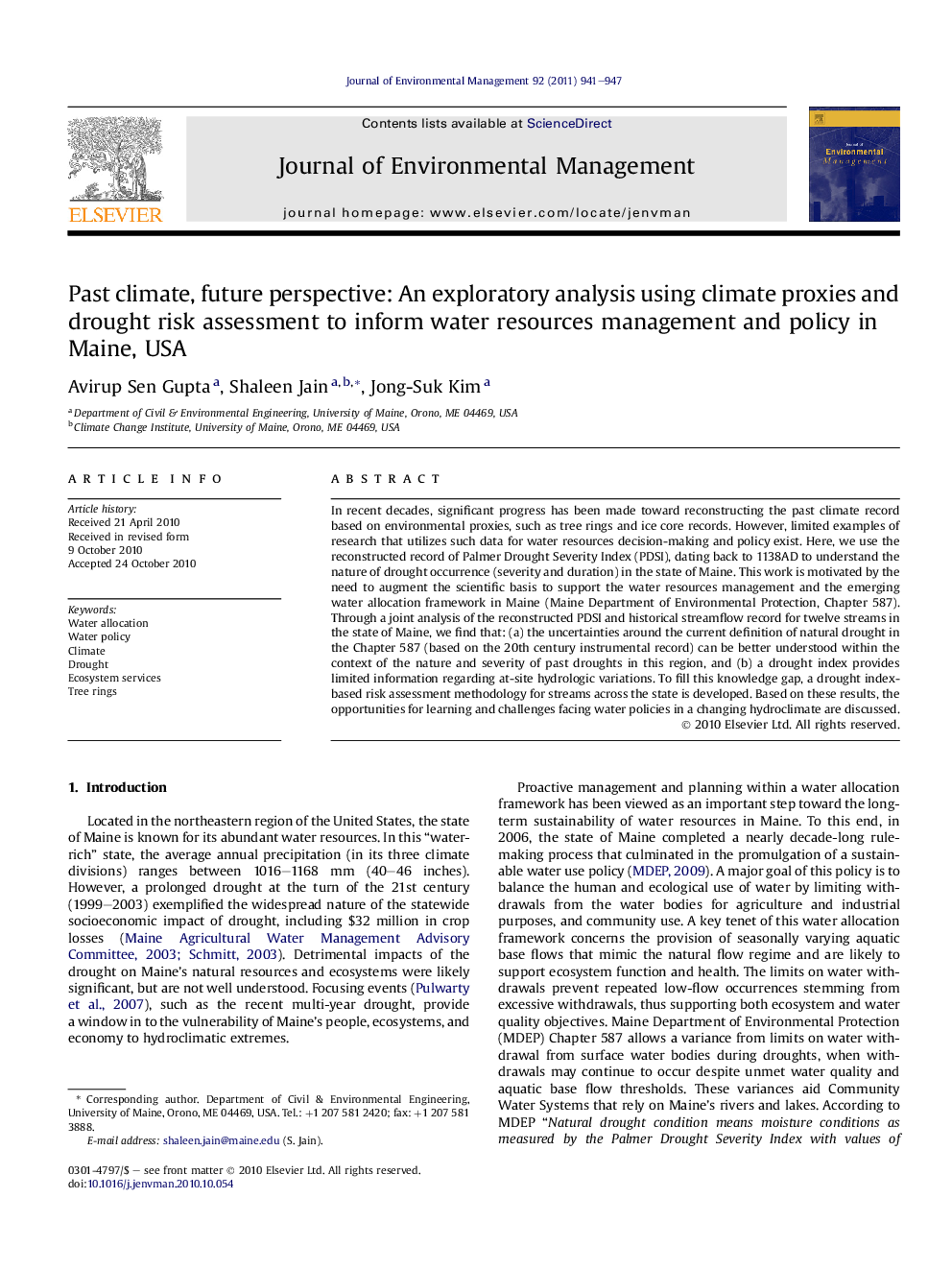 Past climate, future perspective: An exploratory analysis using climate proxies and drought risk assessment to inform water resources management and policy in Maine, USA