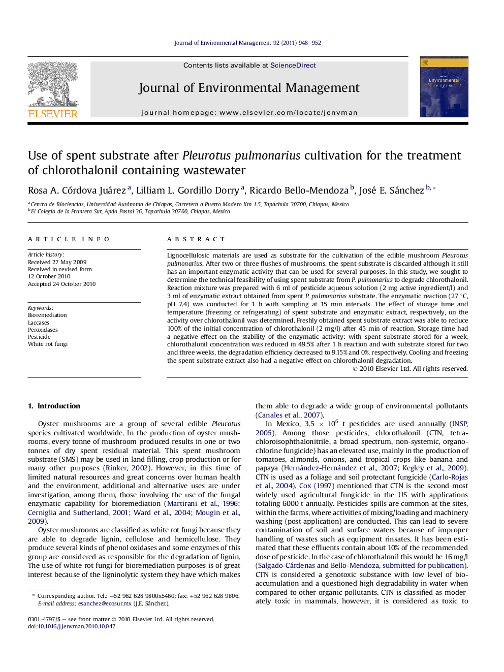 Use of spent substrate after Pleurotus pulmonarius cultivation for the treatment of chlorothalonil containing wastewater