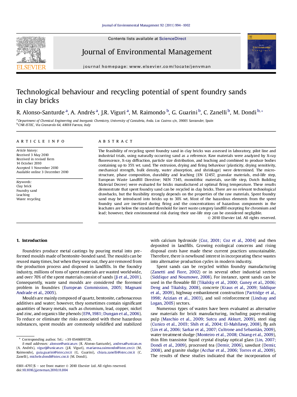 Technological behaviour and recycling potential of spent foundry sands in clay bricks