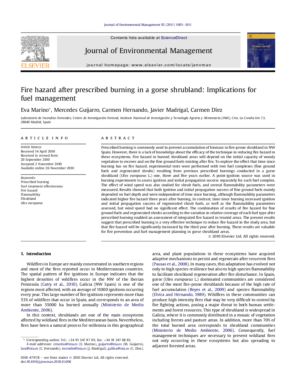 Fire hazard after prescribed burning in a gorse shrubland: Implications for fuel management