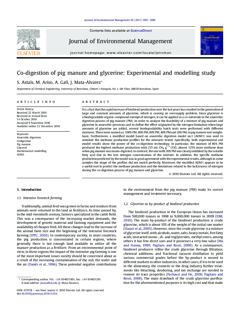 Co-digestion of pig manure and glycerine: Experimental and modelling study