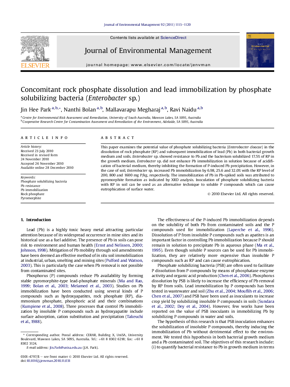 Concomitant rock phosphate dissolution and lead immobilization by phosphate solubilizing bacteria (Enterobacter sp.)