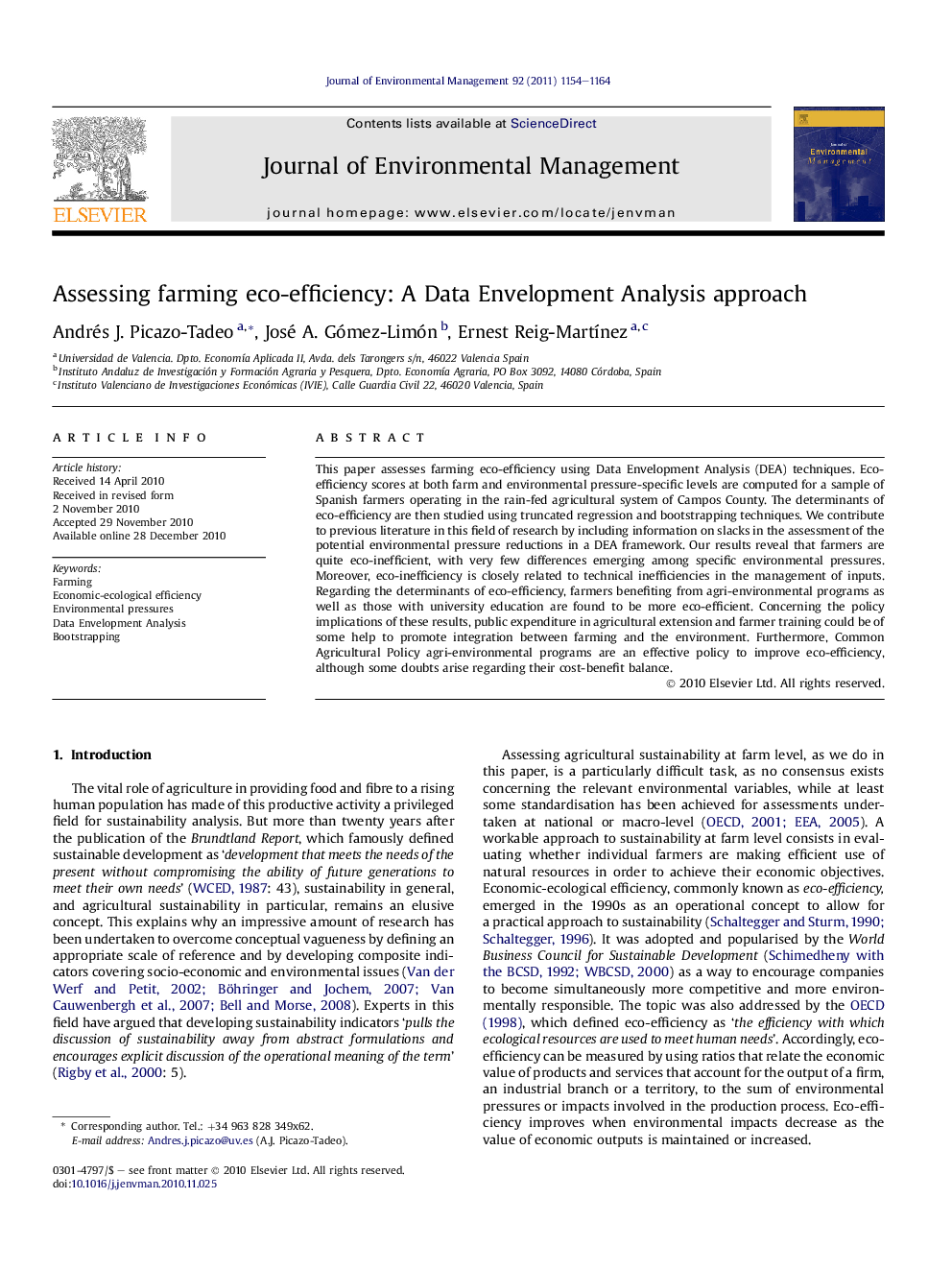 Assessing farming eco-efficiency: A Data Envelopment Analysis approach