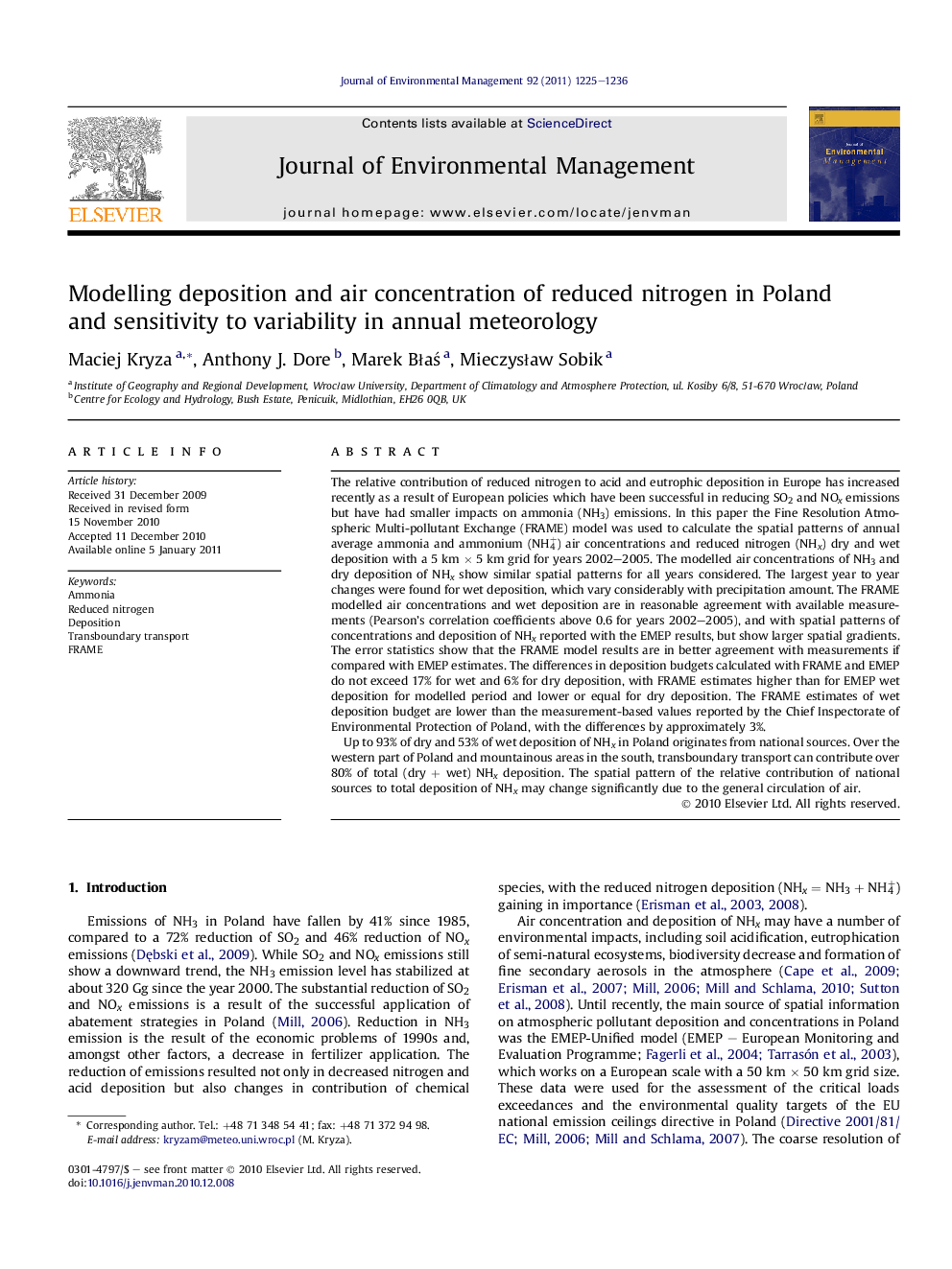 Modelling deposition and air concentration of reduced nitrogen in Poland and sensitivity to variability in annual meteorology