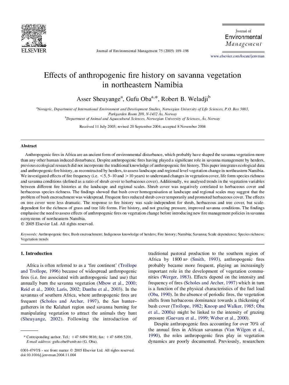 Effects of anthropogenic fire history on savanna vegetation in northeastern Namibia