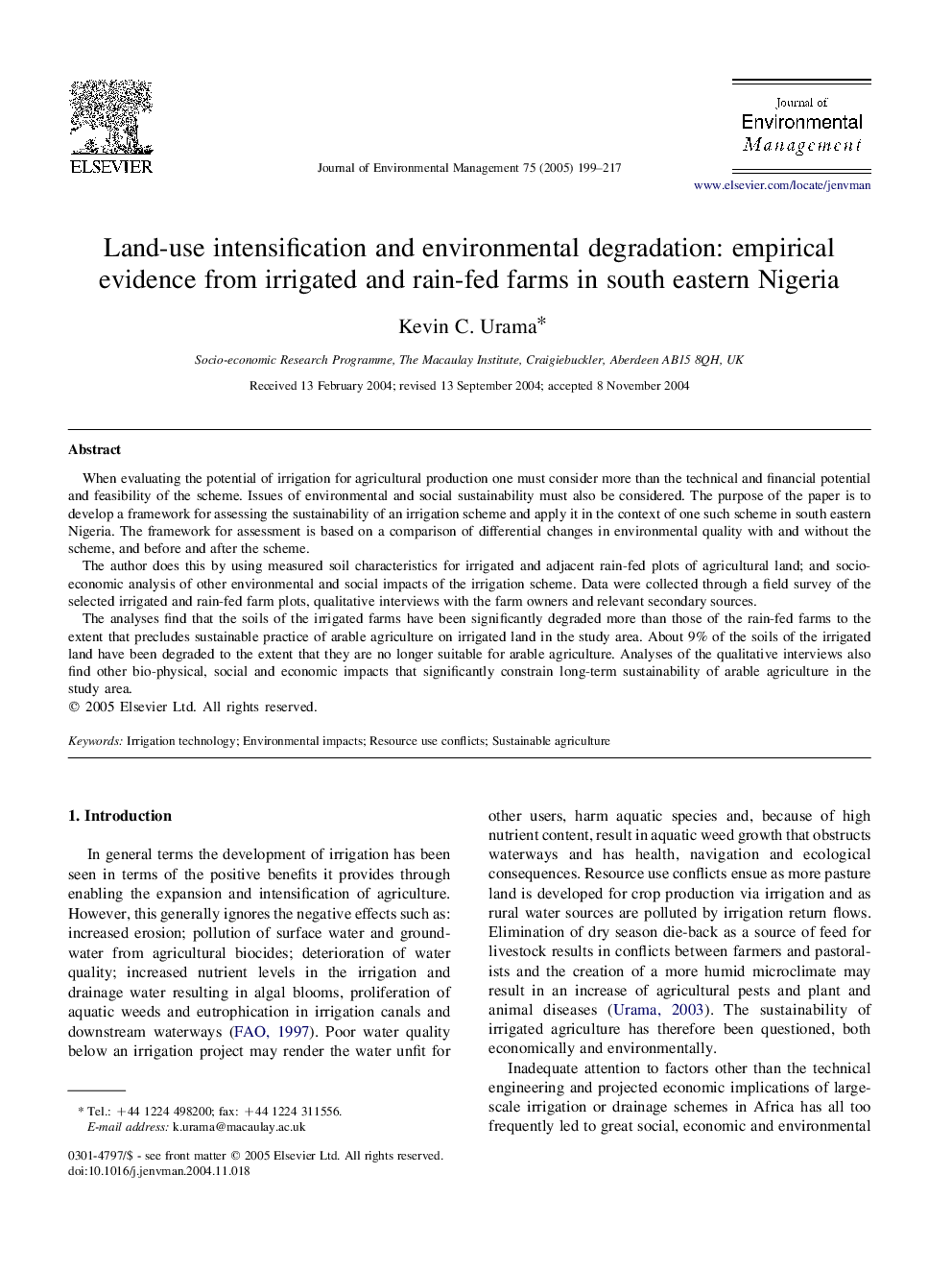 Land-use intensification and environmental degradation: empirical evidence from irrigated and rain-fed farms in south eastern Nigeria