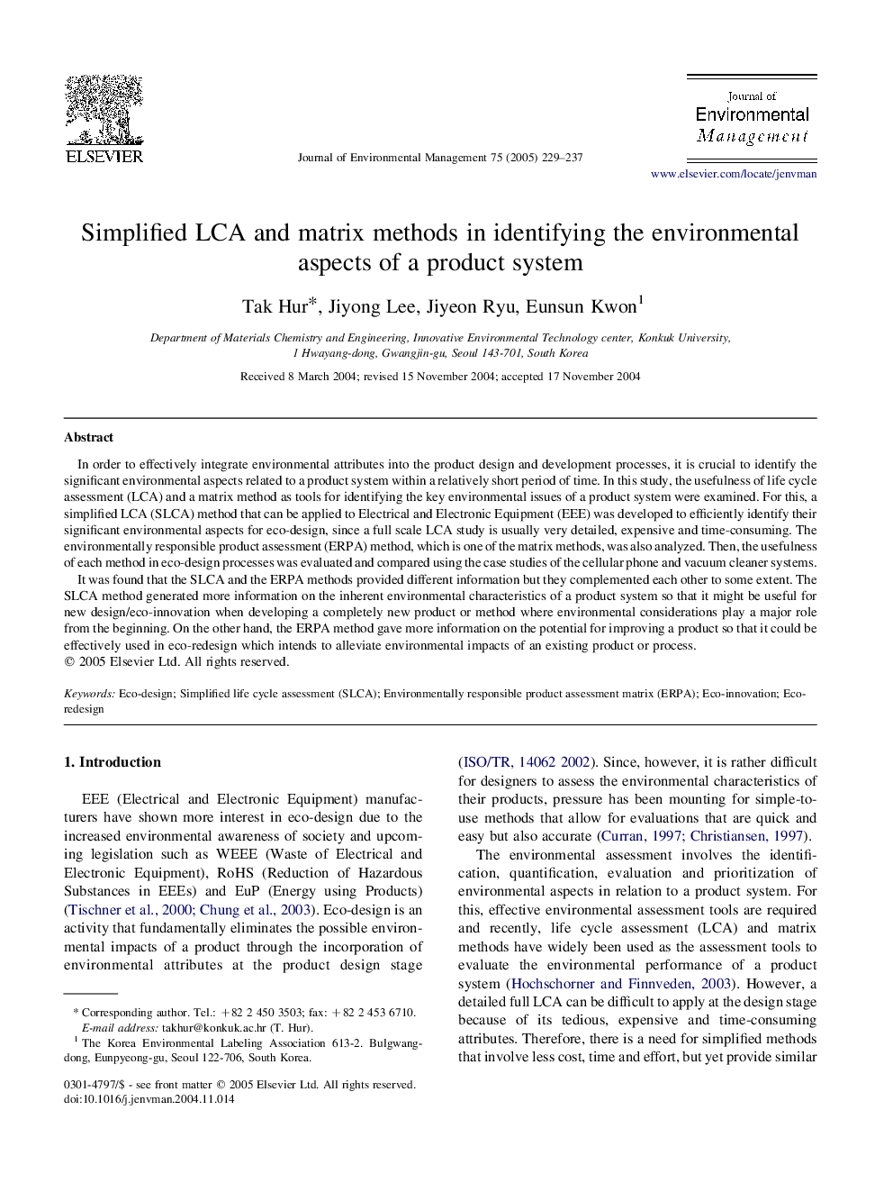 Simplified LCA and matrix methods in identifying the environmental aspects of a product system