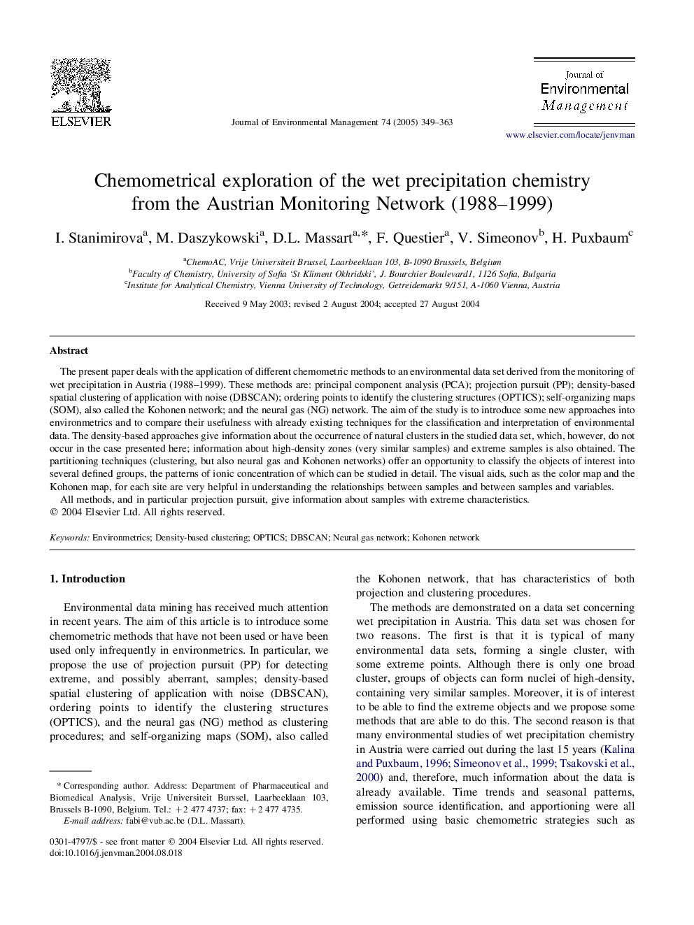 Chemometrical exploration of the wet precipitation chemistry from the Austrian Monitoring Network (1988-1999)