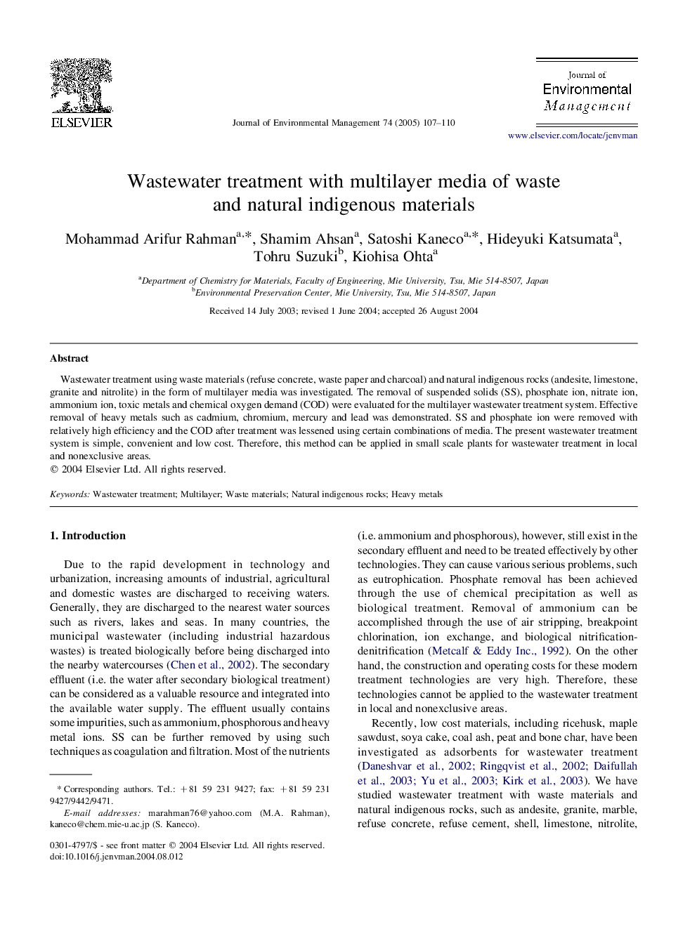 Wastewater treatment with multilayer media of waste and natural indigenous materials