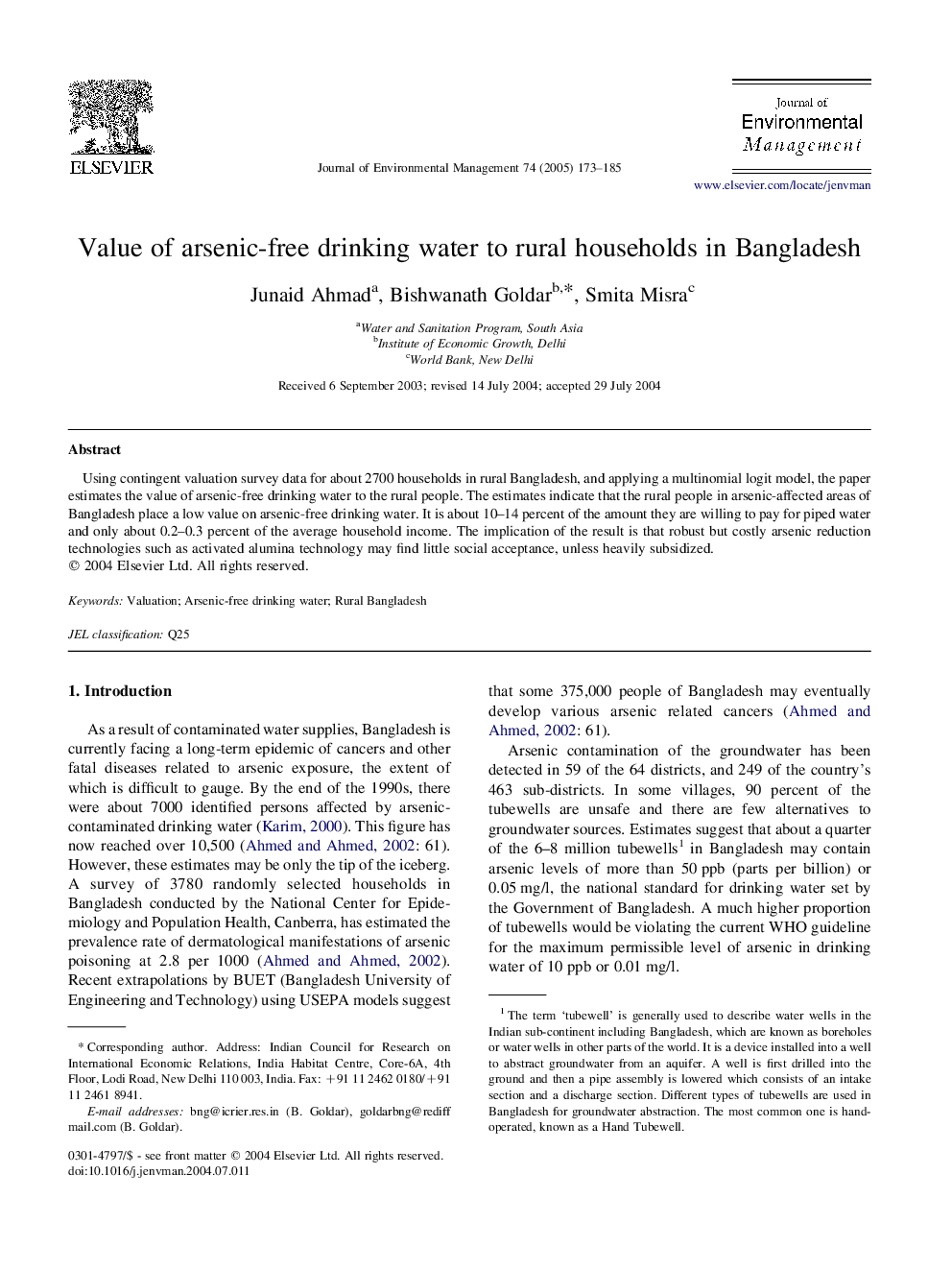 Value of arsenic-free drinking water to rural households in Bangladesh