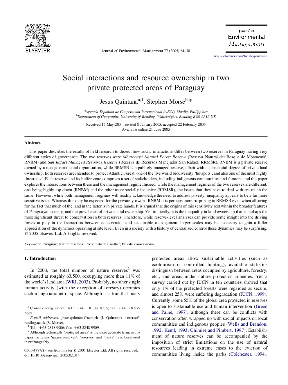 Social interactions and resource ownership in two private protected areas of Paraguay