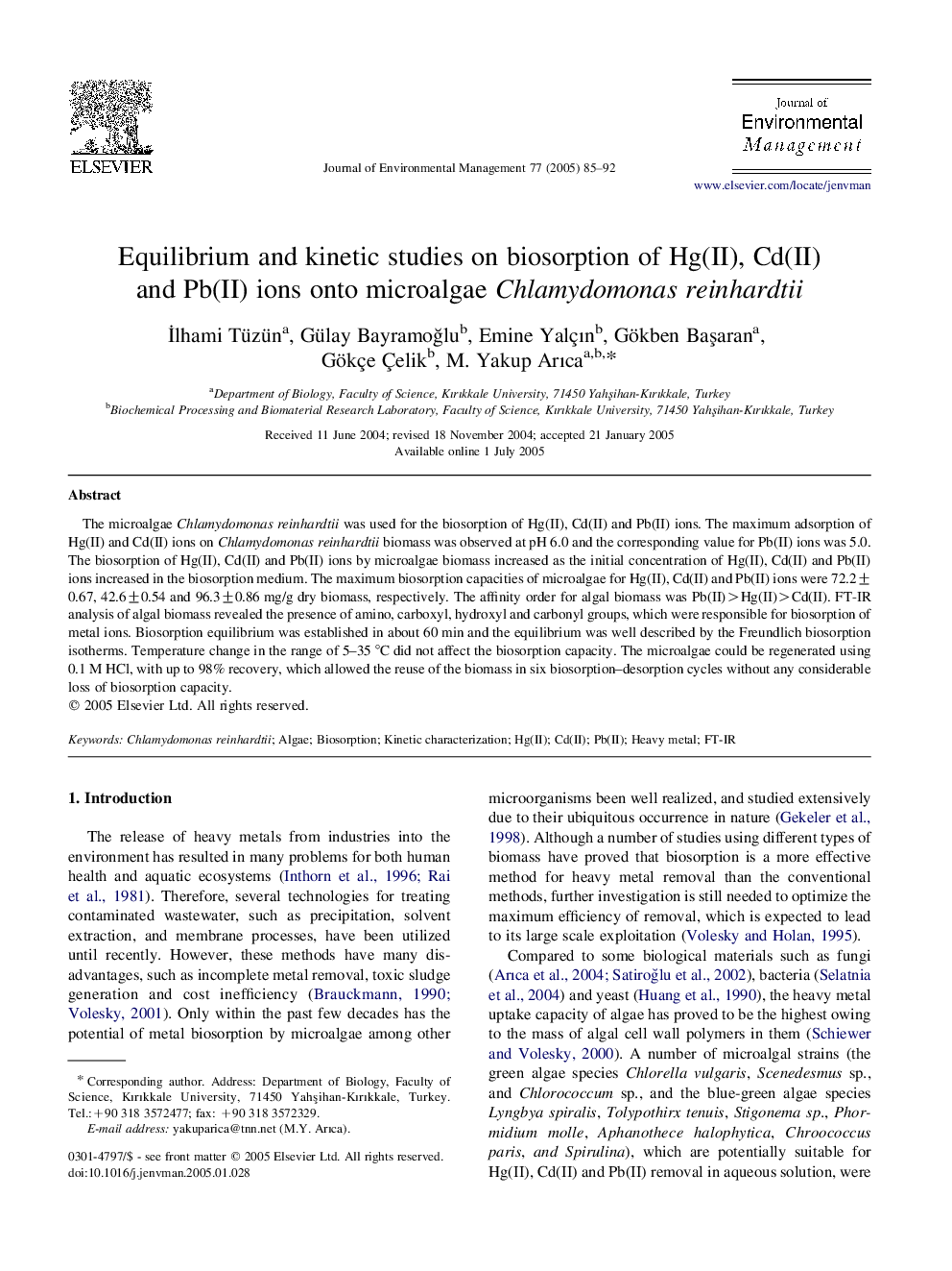 Equilibrium and kinetic studies on biosorption of Hg(II), Cd(II) and Pb(II) ions onto microalgae Chlamydomonas reinhardtii