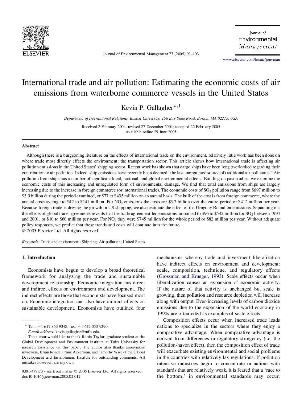 International trade and air pollution: Estimating the economic costs of air emissions from waterborne commerce vessels in the United States