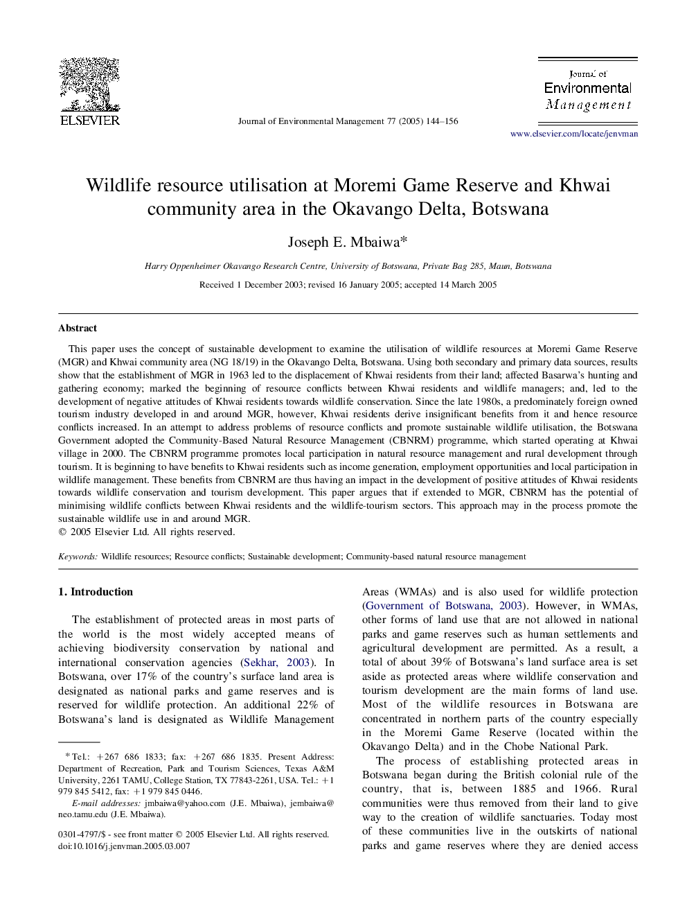 Wildlife resource utilisation at Moremi Game Reserve and Khwai community area in the Okavango Delta, Botswana