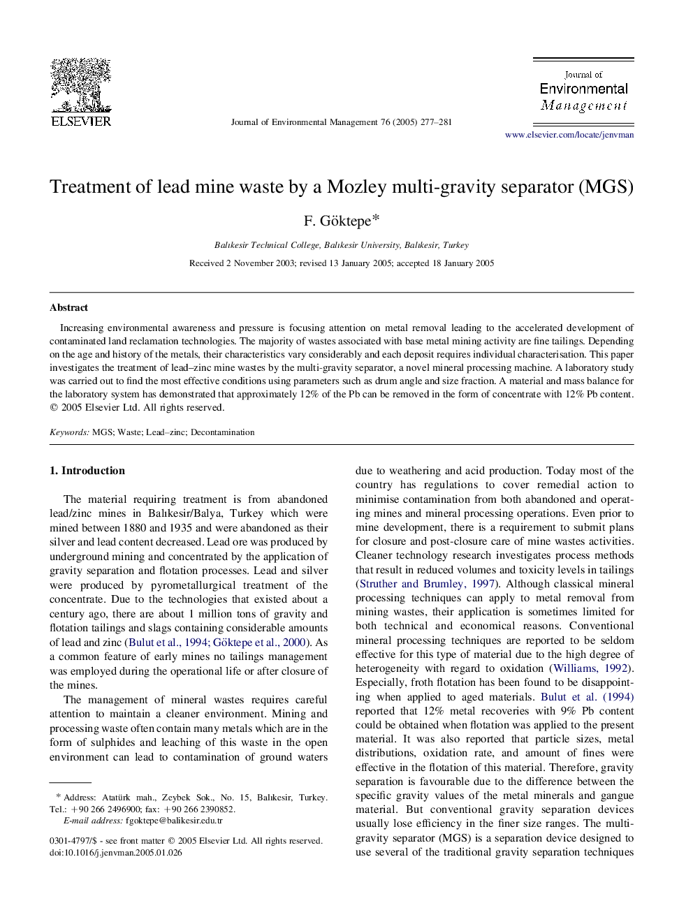 Treatment of lead mine waste by a Mozley multi-gravity separator (MGS)