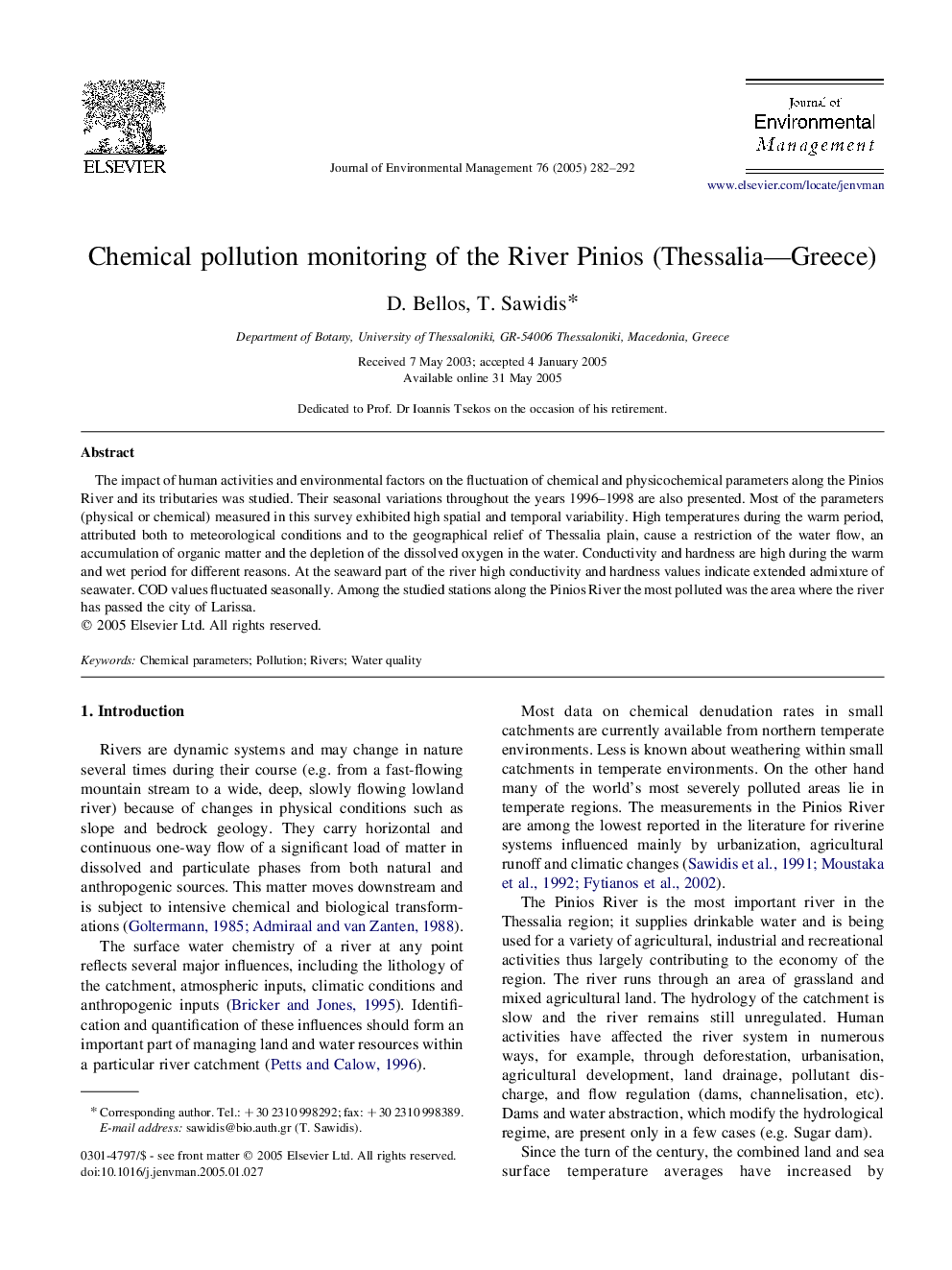 Chemical pollution monitoring of the River Pinios (Thessalia-Greece)