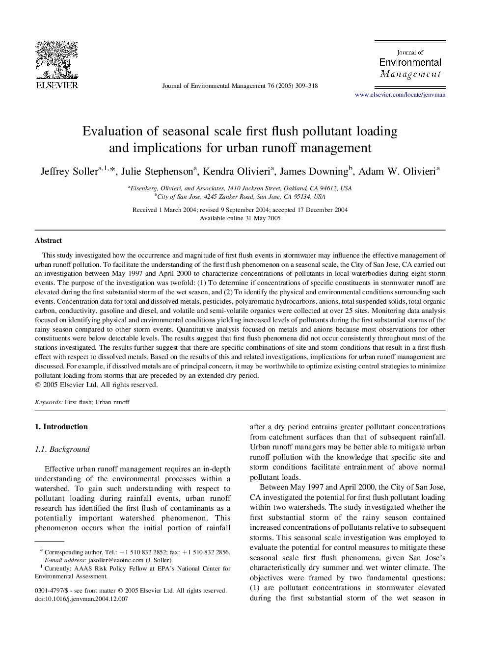 Evaluation of seasonal scale first flush pollutant loading and implications for urban runoff management