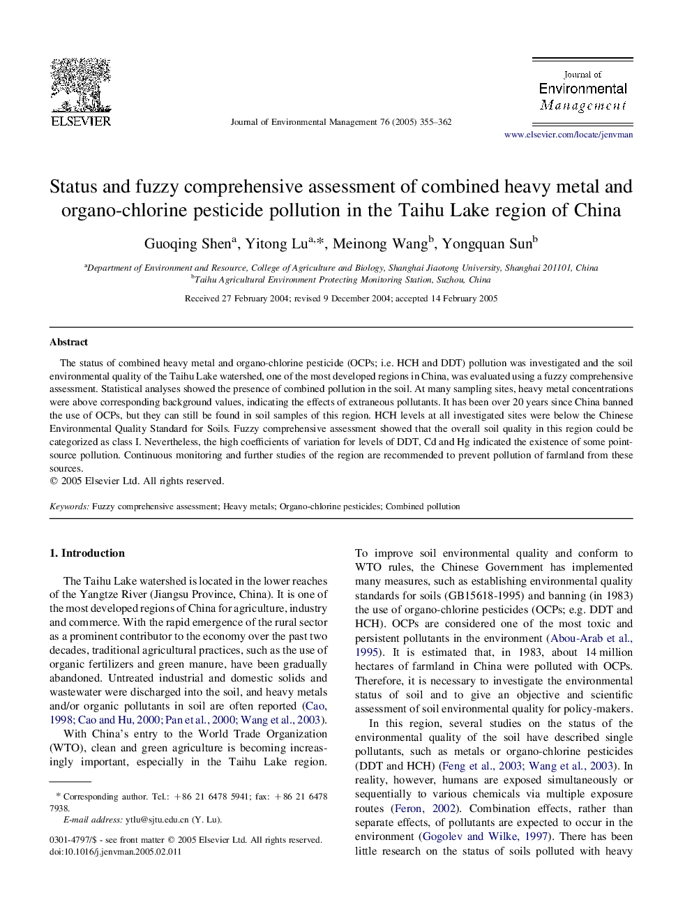 Status and fuzzy comprehensive assessment of combined heavy metal and organo-chlorine pesticide pollution in the Taihu Lake region of China