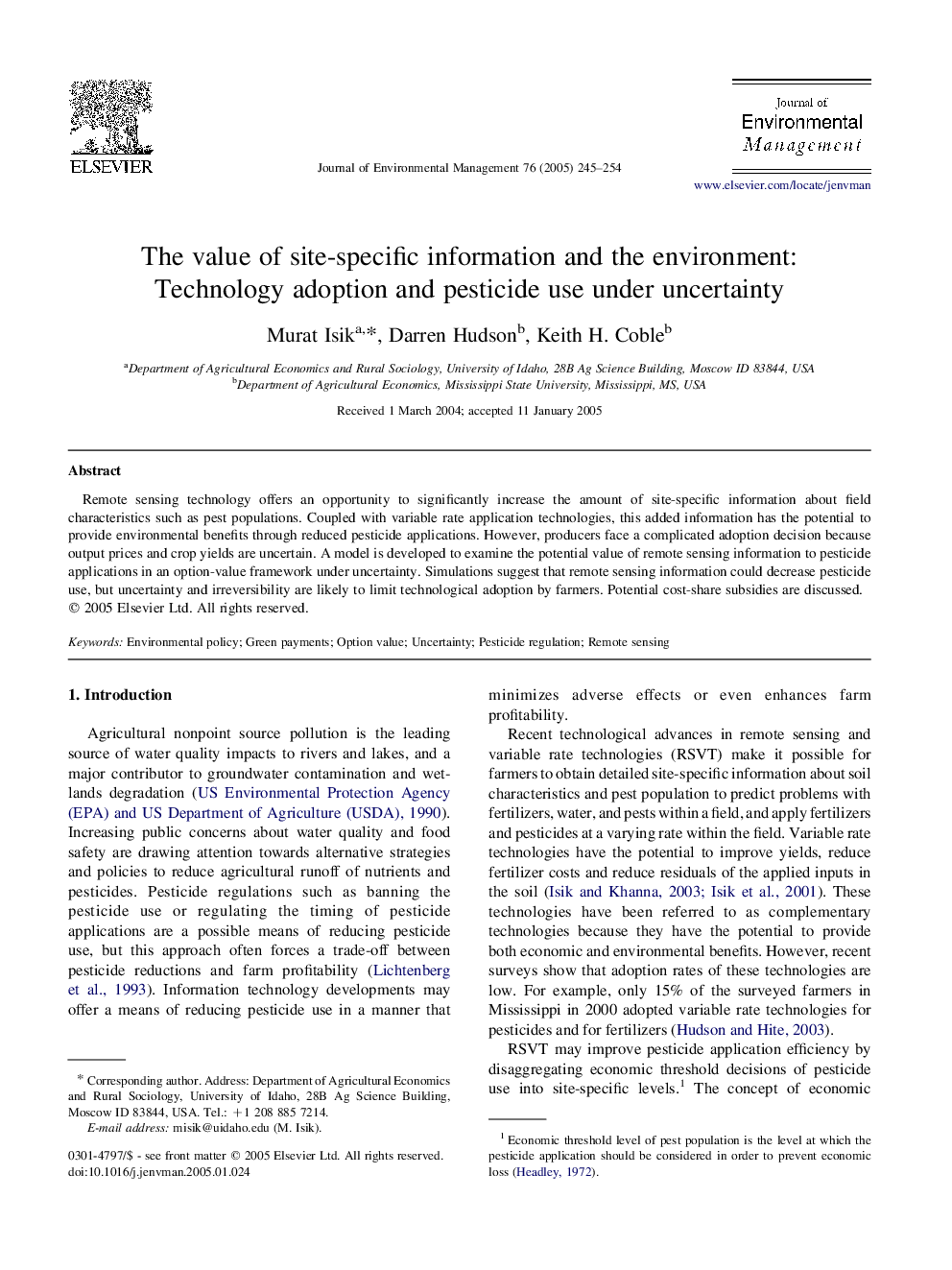 The value of site-specific information and the environment: Technology adoption and pesticide use under uncertainty