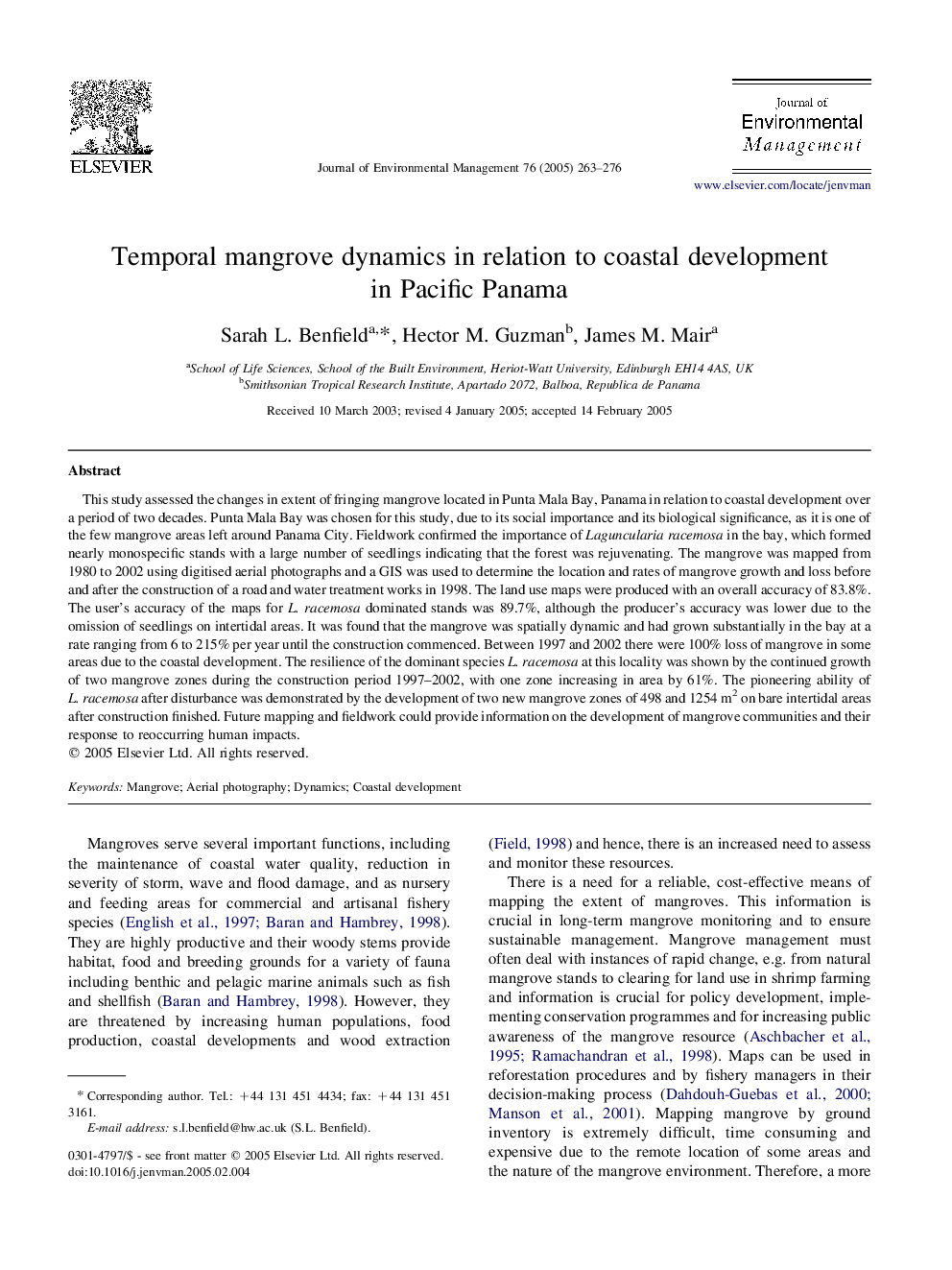 Temporal mangrove dynamics in relation to coastal development in Pacific Panama