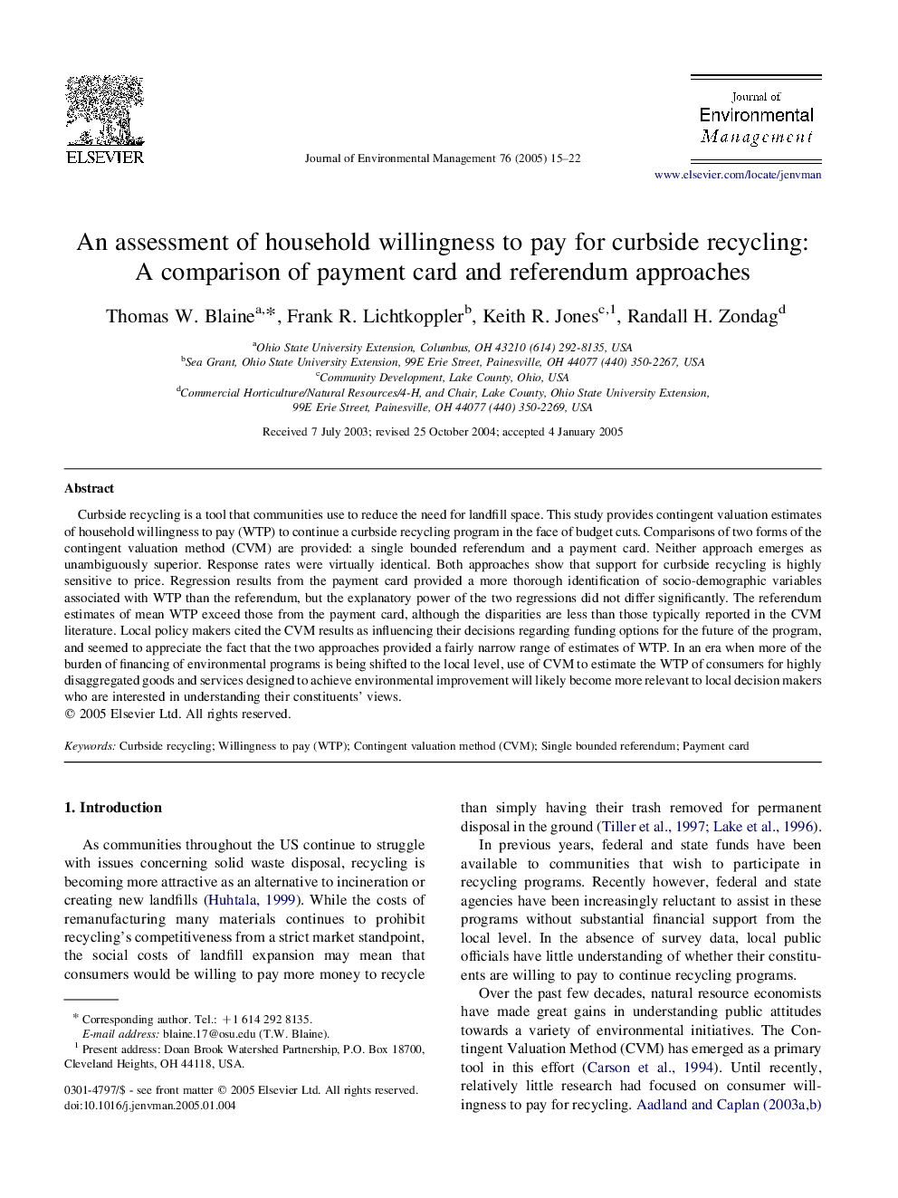 An assessment of household willingness to pay for curbside recycling: A comparison of payment card and referendum approaches