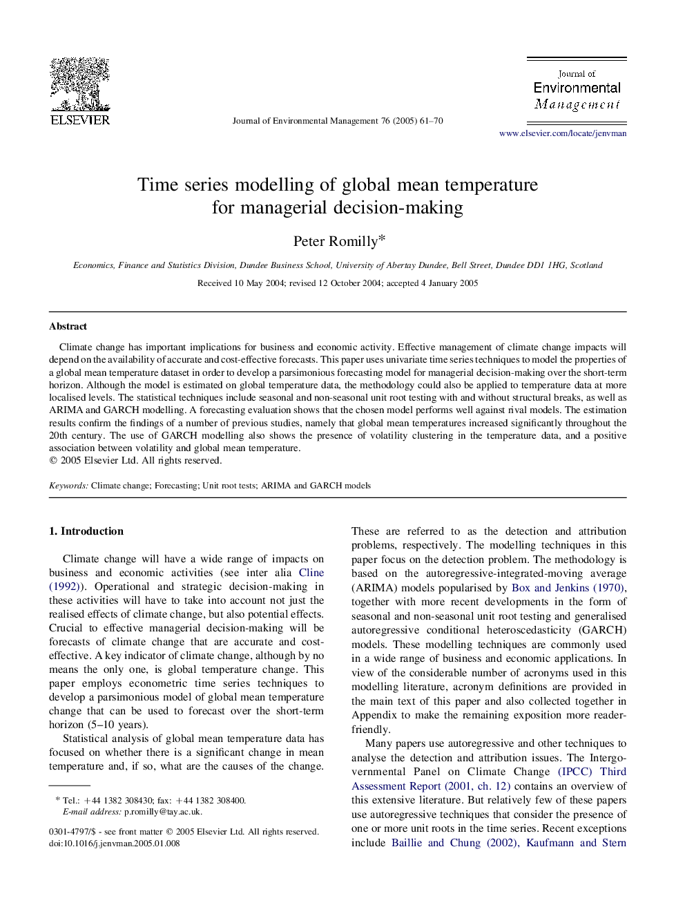 Time series modelling of global mean temperature for managerial decision-making