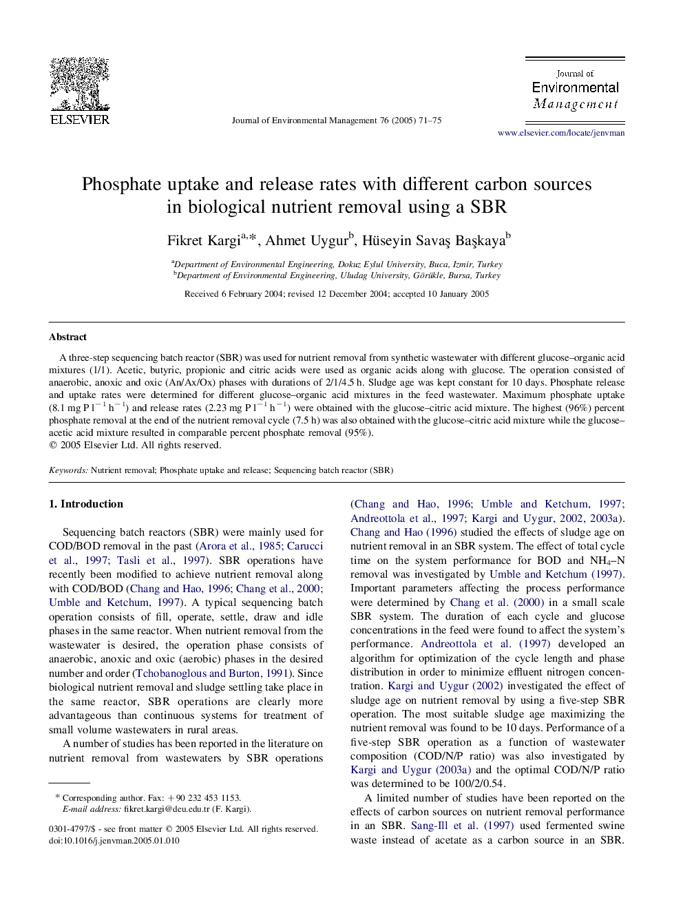 Phosphate uptake and release rates with different carbon sources in biological nutrient removal using a SBR