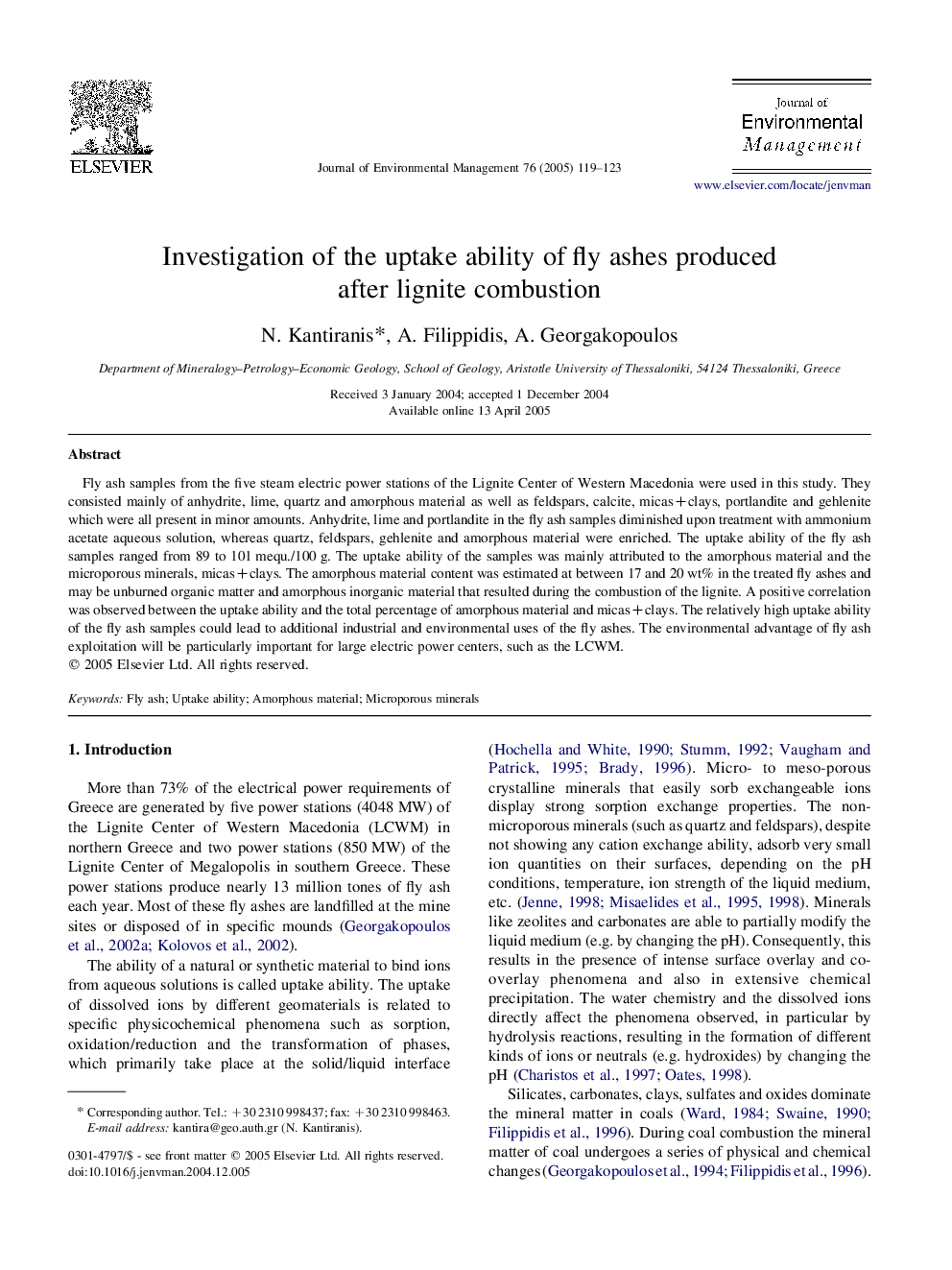 Investigation of the uptake ability of fly ashes produced after lignite combustion