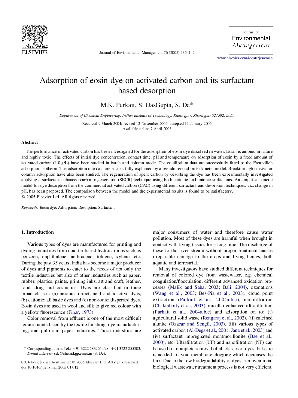 Adsorption of eosin dye on activated carbon and its surfactant based desorption