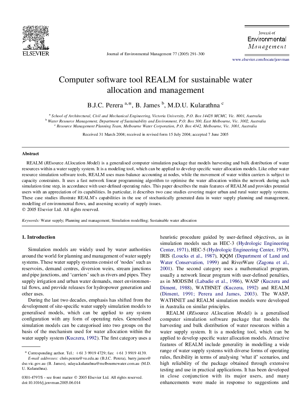 Computer software tool REALM for sustainable water allocation and management