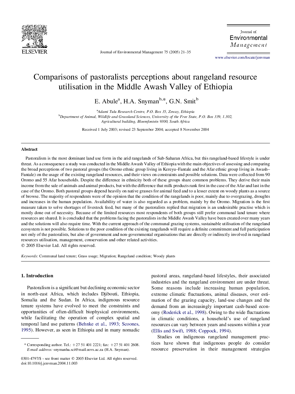 Comparisons of pastoralists perceptions about rangeland resource utilisation in the Middle Awash Valley of Ethiopia