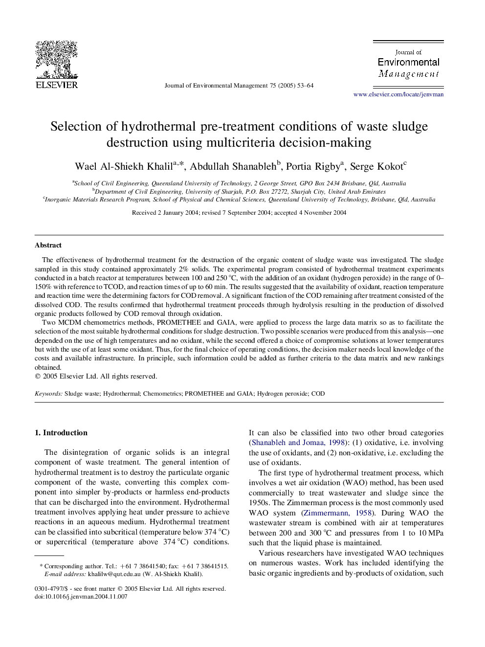 Selection of hydrothermal pre-treatment conditions of waste sludge destruction using multicriteria decision-making