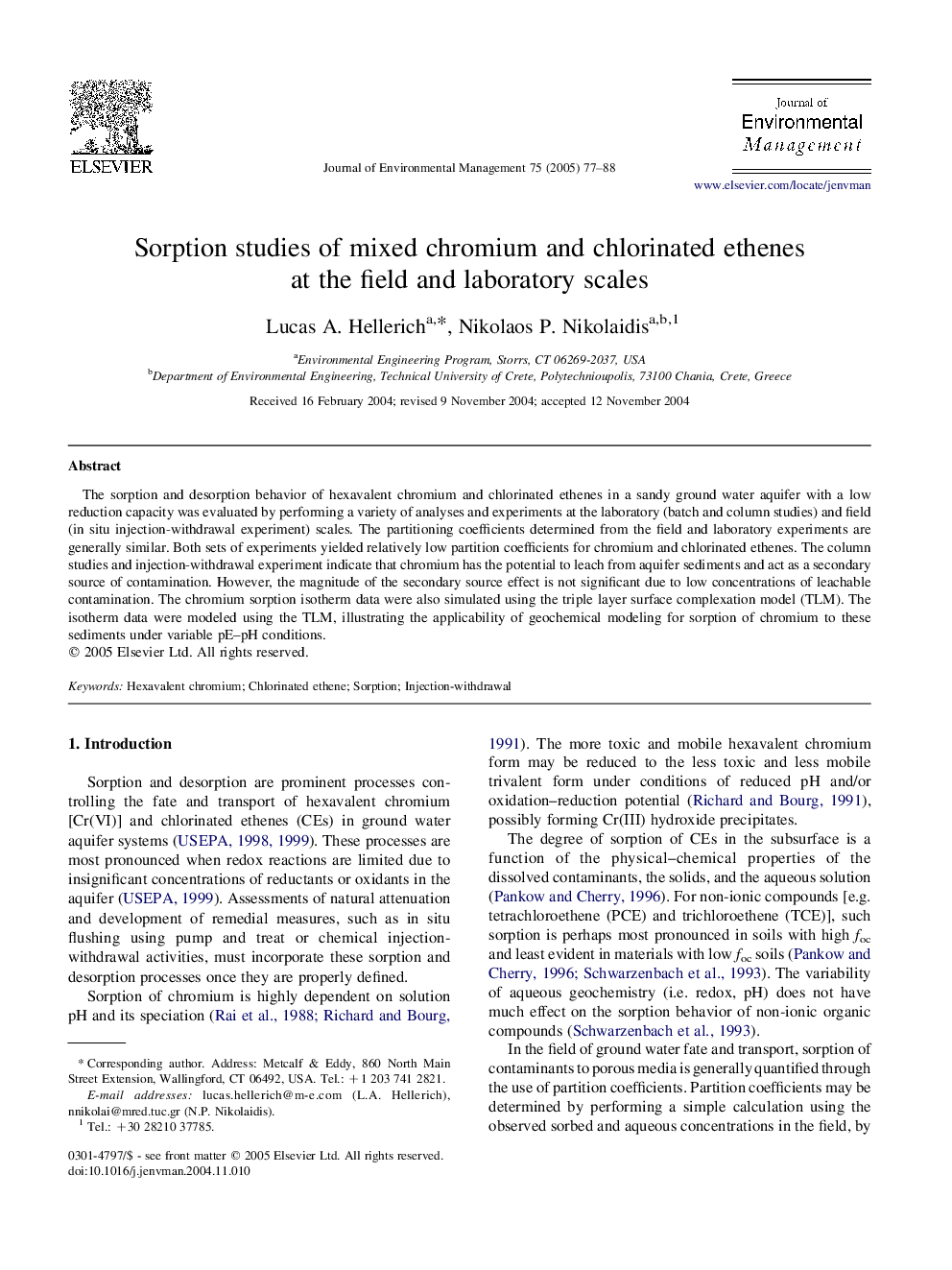 Sorption studies of mixed chromium and chlorinated ethenes at the field and laboratory scales