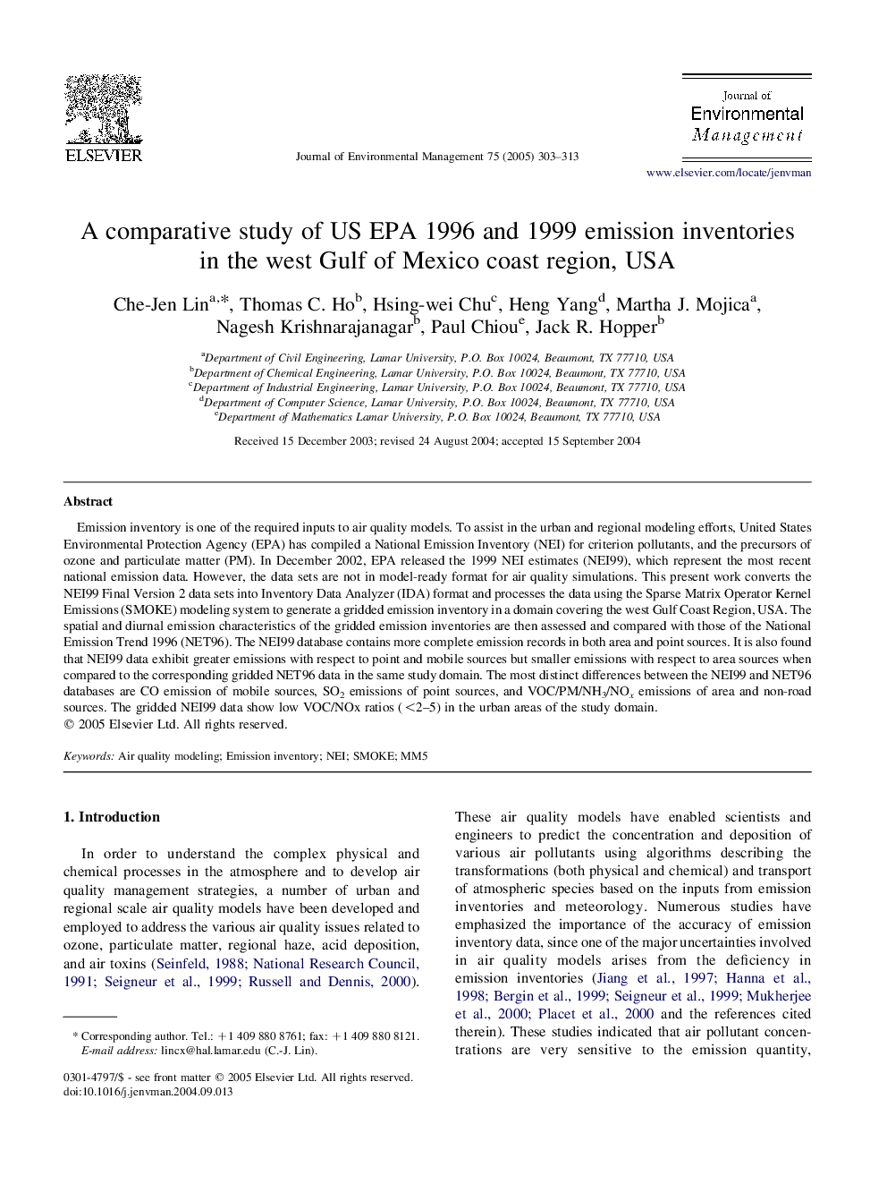 A comparative study of US EPA 1996 and 1999 emission inventories in the west Gulf of Mexico coast region, USA