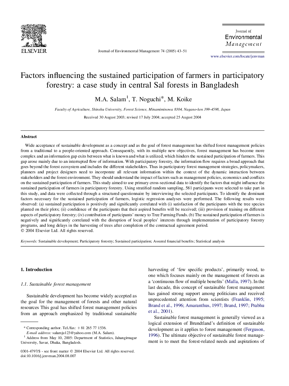 Factors influencing the sustained participation of farmers in participatory forestry: a case study in central Sal forests in Bangladesh