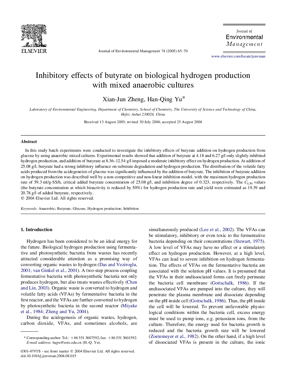 Inhibitory effects of butyrate on biological hydrogen production with mixed anaerobic cultures