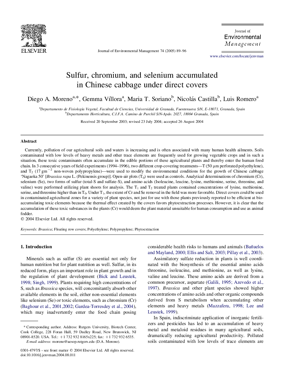 Sulfur, chromium, and selenium accumulated in Chinese cabbage under direct covers