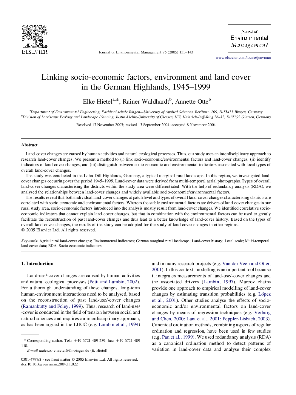 Linking socio-economic factors, environment and land cover in the German Highlands, 1945-1999