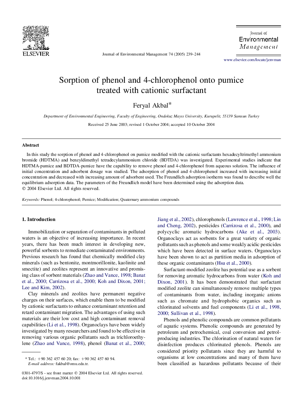 Sorption of phenol and 4-chlorophenol onto pumice treated with cationic surfactant