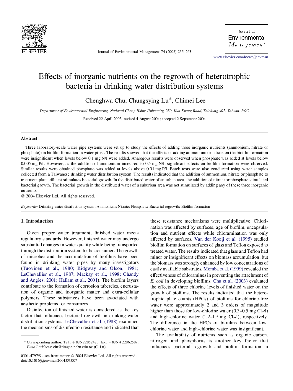 Effects of inorganic nutrients on the regrowth of heterotrophic bacteria in drinking water distribution systems