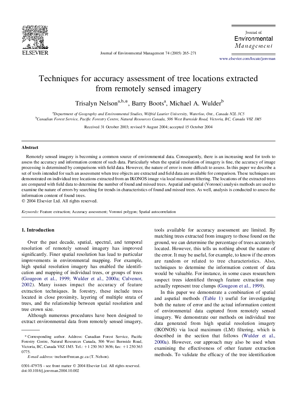 Techniques for accuracy assessment of tree locations extracted from remotely sensed imagery