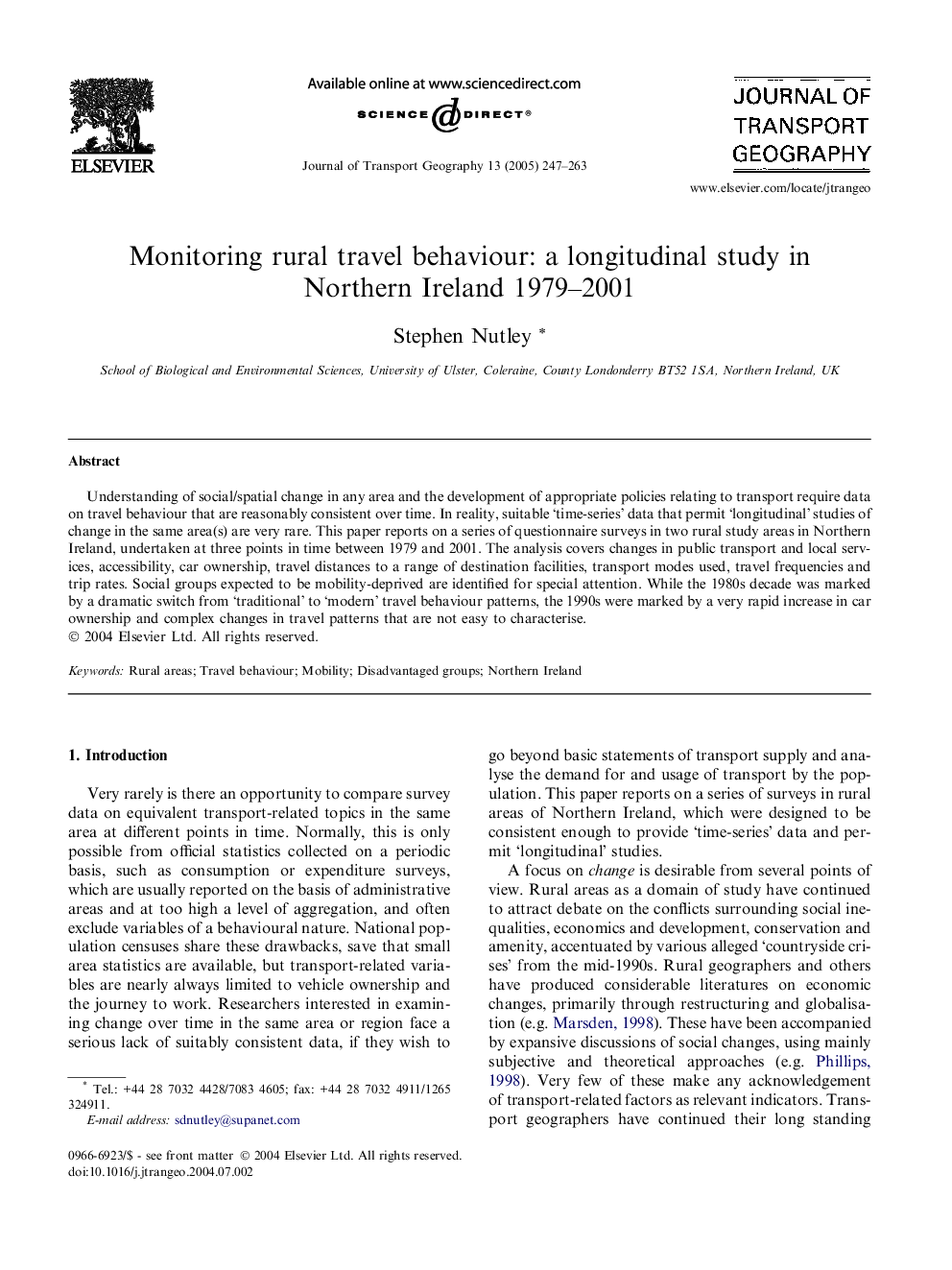 Monitoring rural travel behaviour: a longitudinal study in Northern Ireland 1979-2001