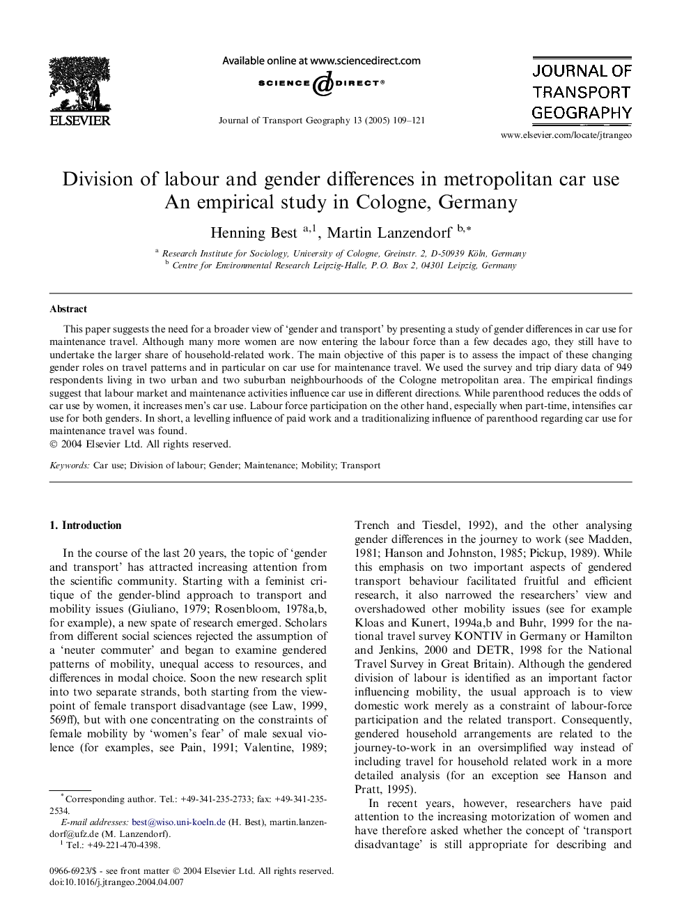 Division of labour and gender differences in metropolitan car use