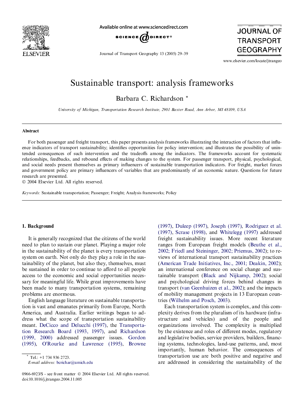 Sustainable transport: analysis frameworks